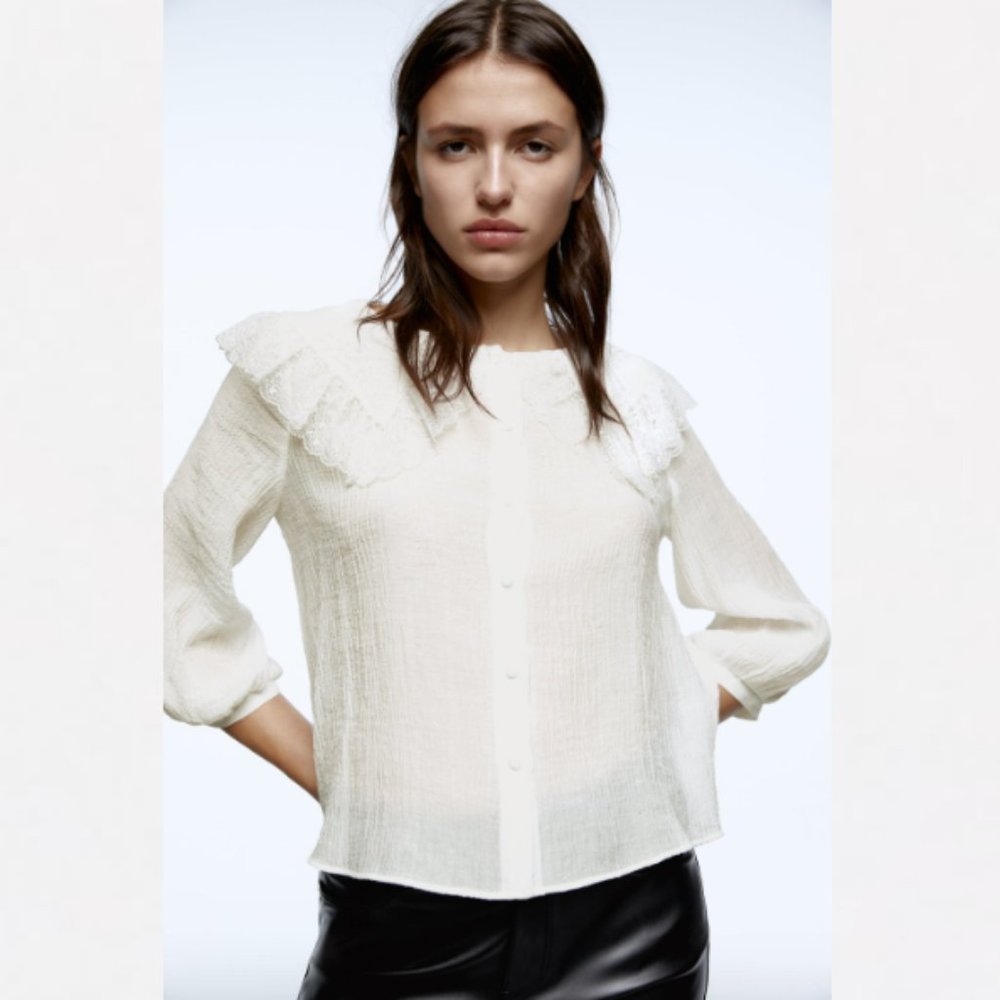 Zara Combination Lace Shirt Ecru Sz XS NWT - Picture 1 of 7